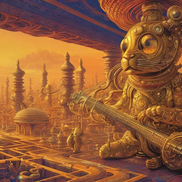 Prompt: panorama widescreen view of a giant gold cat playing a sitar, infinity vanishing point, in the style of Jacek Yerka