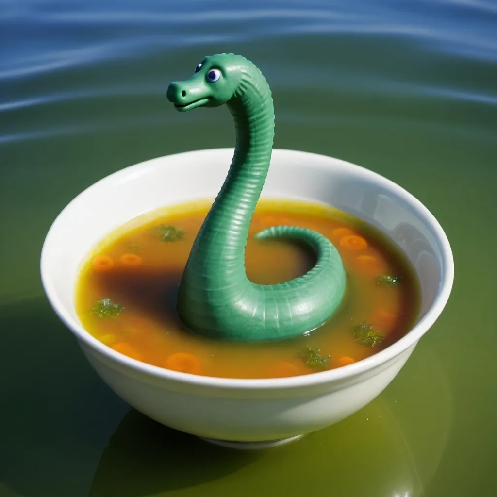 Prompt: nessie swimming in soup