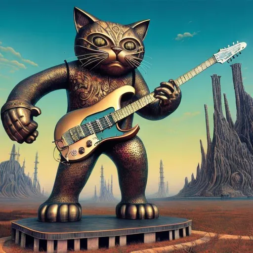 Prompt: giant metal statue of a giant cat playing guitar, in the style of Jacek Yerka, widescreen view, infinity vanishing point