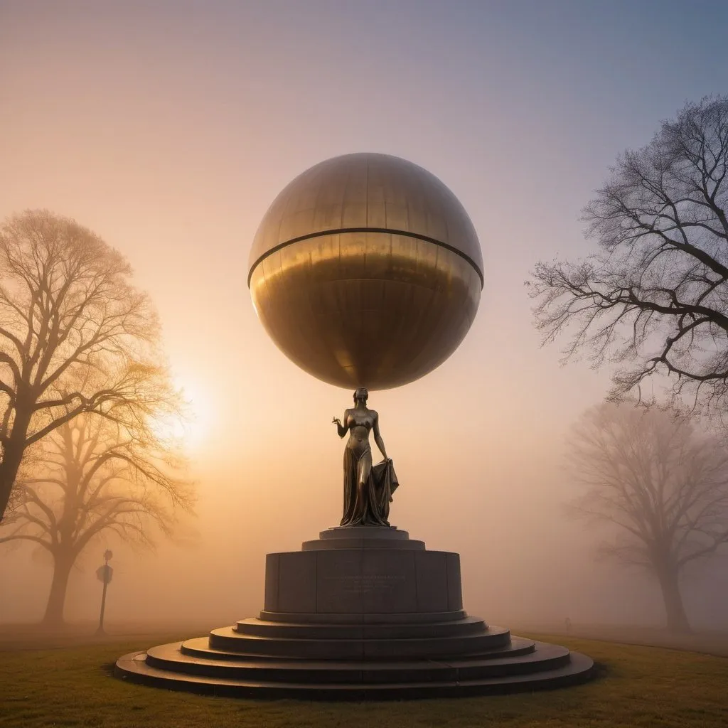 Prompt: guilty planet statue, overhead golden hour lighting, foggy wide angle view, infinity vanishing point