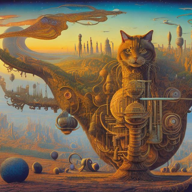 Prompt: panorama widescreen view of a giant cat playing a sitar, infinity vanishing point, in the style of Jacek Yerka