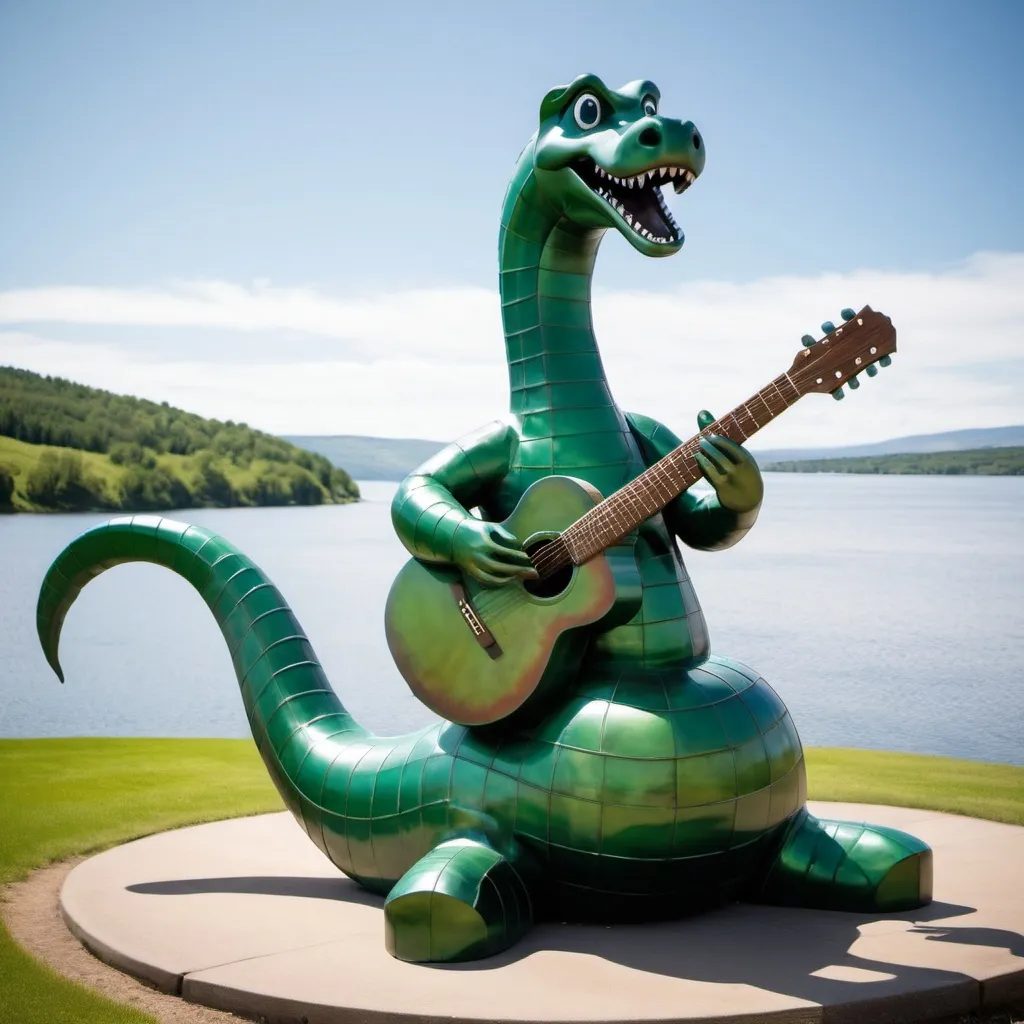 Prompt: giant green metal nessie statue playing guitar, wide background