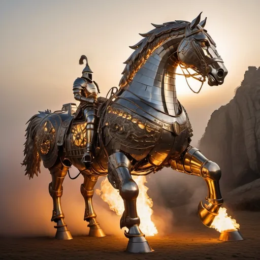 Prompt: biggest giant firebreathing armored warhorse in the world, overhead golden hour lighting, foggy wide angle view, infinity vanishing point