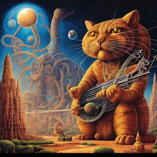 Prompt: giant cat playing a sitar, widescreen view, infinity vanishing point, in the style of Jacek Yerka