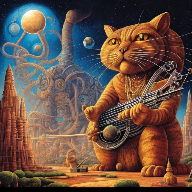 Prompt: giant cat playing a sitar, widescreen view, infinity vanishing point, in the style of Jacek Yerka