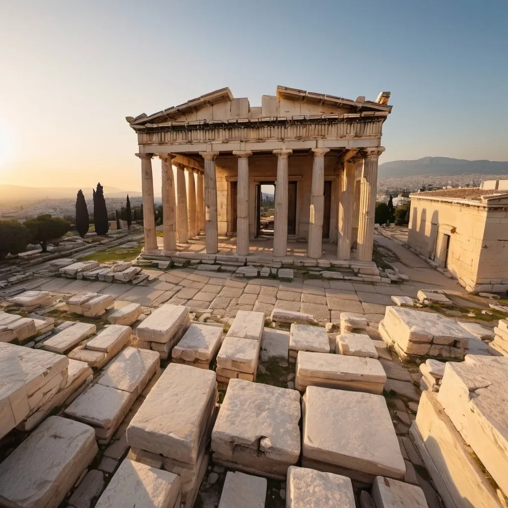 Prompt: Erechtheion, overhead golden hour lighting, extra wide angle field of view, infinity vanishing point