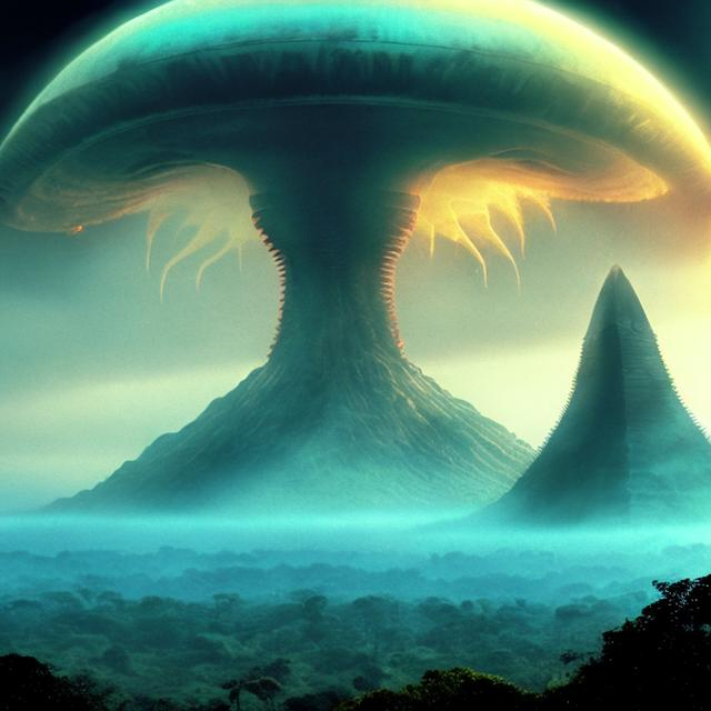 Prompt: wide panorama view, xenomorph pyramid, set in Belize rain forest jungle, hovering space transport, nuclear blast cloud background