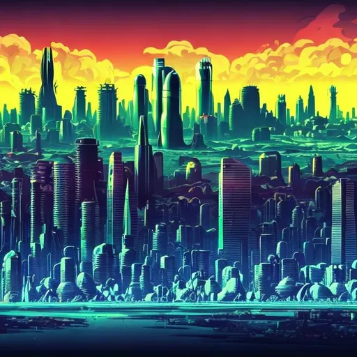 Prompt: chrome city skyline, nuclear blast cloud background