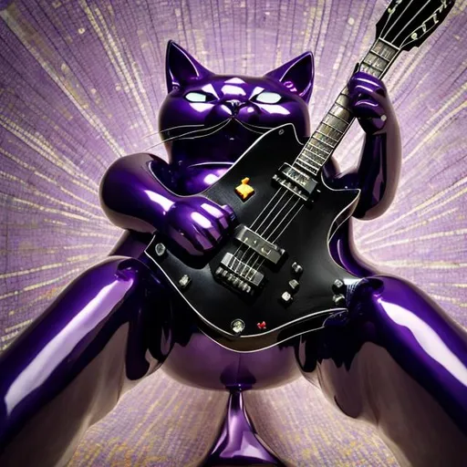 Prompt: ((((giant cat playing guitar) diamond statue inlaid with purple chrome) in the style of Ron English) wide perspective view) infinity vanishing point