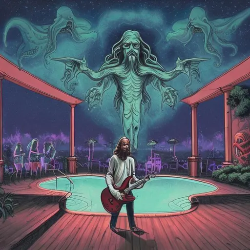 Prompt: wide perspective, jesus band playing guitars at a poolside patio gazebo barbeque grill, infinity vanishing point, Cthulhu nebula background