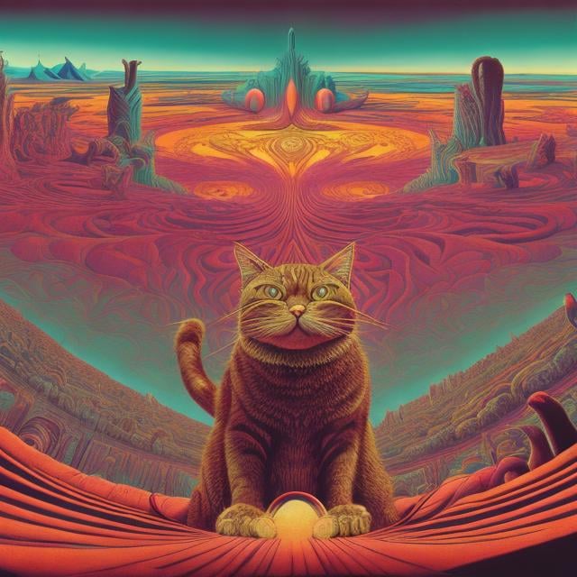 Prompt: panorama wide angle view of a giant cat playing guitar, infinity vanishing point, in the style of ernst fuchs