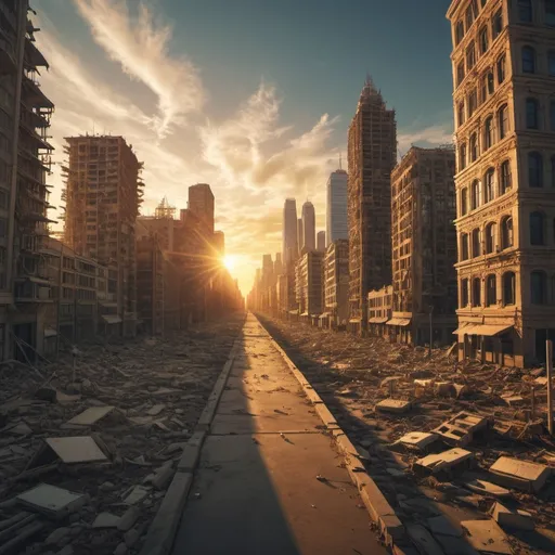 Prompt: city of death after artificial intelligence removes all life, golden hour overhead lighting, extra wide angle view, infinity vanishing point