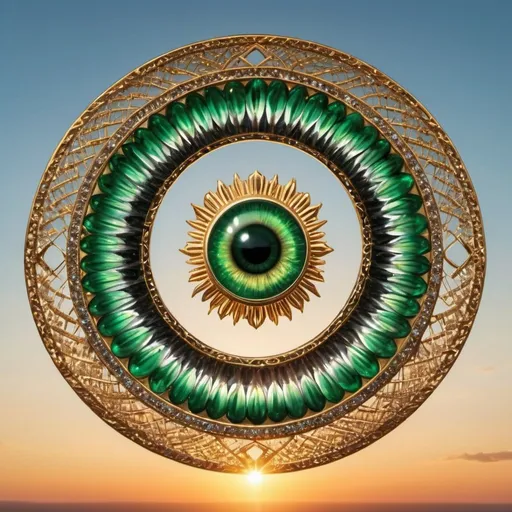 Prompt: giant winged ring of multiple emerald eyes in flight, golden hour overhead lighting, extra wide angle view, infinity vanishing point