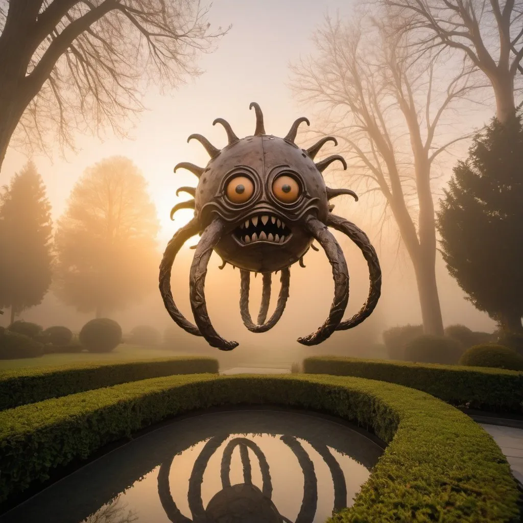 Prompt: giant guilty floating beholder creature statue garden, overhead golden hour lighting, foggy wide angle view, infinity vanishing point