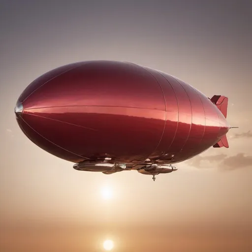 Prompt: giant ruby chrome zeppelin in flight, golden hour overhead lighting, extra wide angle view, infinity vanishing point