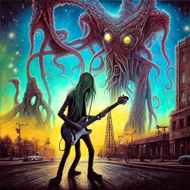 Prompt: anorexic Cthulhu playing guitar on the street corner, infinity vanishing point, Pillars of Creation nebula background