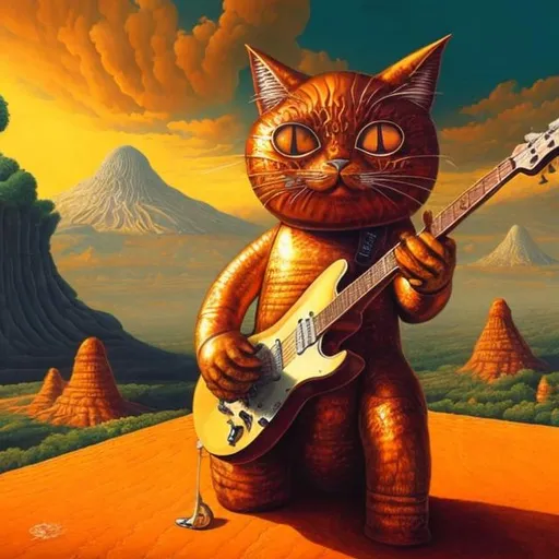 Prompt: giant orange metal cat playing a guitar, widescreen view, infinity vanishing point, in the style of Jacek Yerka