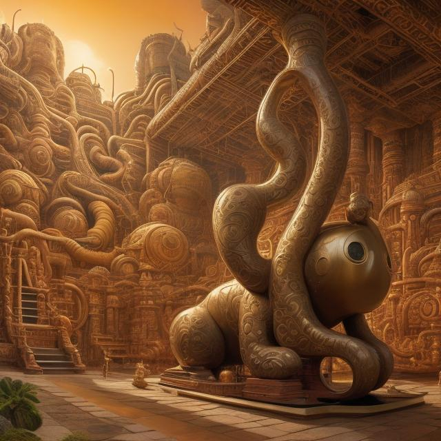 Prompt: panorama widescreen view of a giant bronze cat playing a sitar, infinity vanishing point, in the style of Jacek Yerka