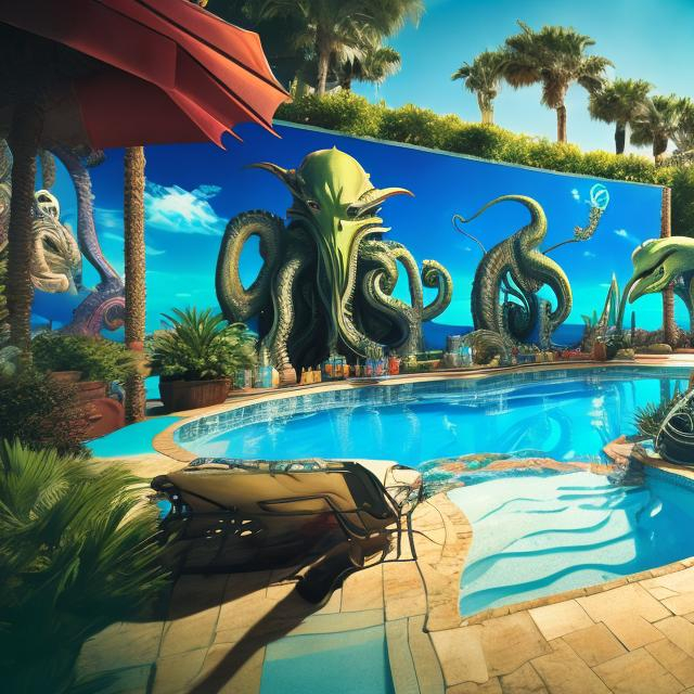 Prompt: 16:9 widescreen ratio, jesus band playing guitars at an exotic poolside patio barbeque grill, infinity vanishing point, cthulhu fractal background