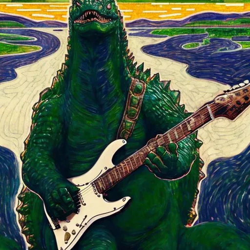 Prompt: ((((godzilla playing guitar) chrome statue inlaid with emeralds) in the style of Edvard Munch) infinity vanishing point) wide perspective view