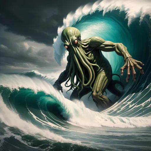 Prompt: cthulu surfing the largest giant tsunami wave, overhead lighting, wide angle view, infinity vanishing point