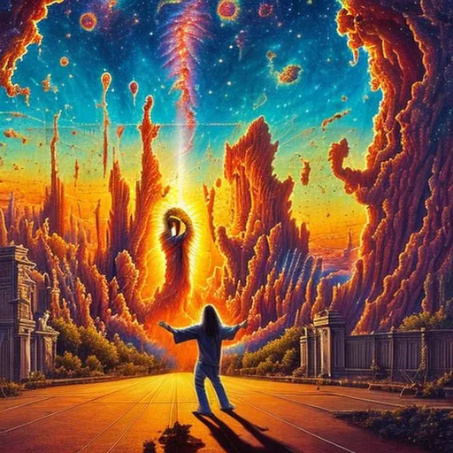 Prompt: wide view, jesus playing guitar on the street corner, in front of a bbq, infinity vanishing point, pillars of creation nebula background