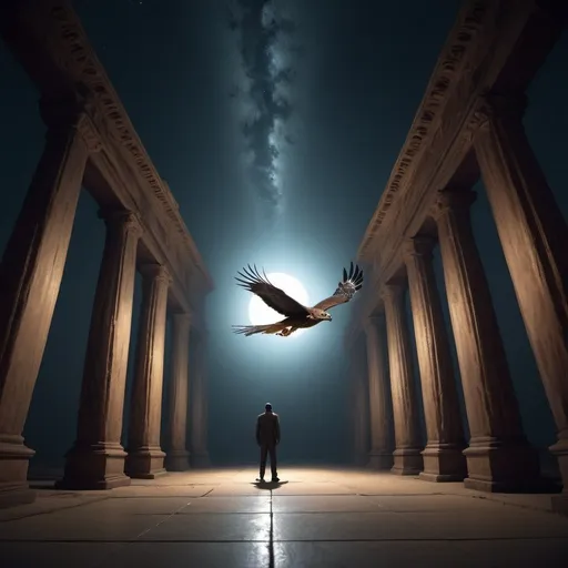 Prompt: Night of the Hawk, overhead lighting, wide angle view, surreal background proportions, infinity vanishing point