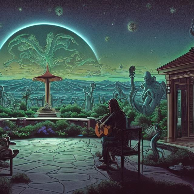 Prompt: wide view, jesus playing guitar in front of a patio gazebo barbeque grill, infinity vanishing point, Cthulhu nebula background