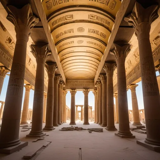 Prompt: Restoration of the repainted Great Hypostyle Hall, overhead golden hour lighting, extra wide angle field of view, infinity vanishing point