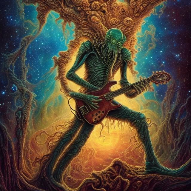 Prompt: anorexic Cthulhu playing guitar in a golden ballroom, infinity vanishing point, Pillars of Creation nebula background