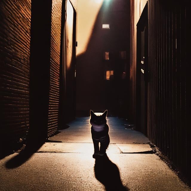 Prompt: secret agent cat in a dark alley, overhead lighting, wide view