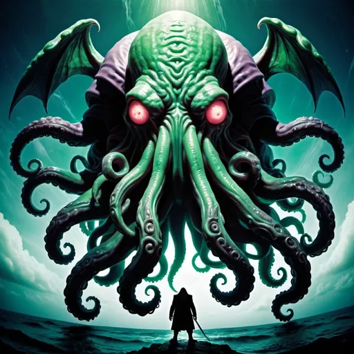Prompt: a giant Yog-Sothoth AND a giant Cthulhu, battling with each other, wide angle view, infinity vanishing point