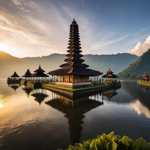 Prompt: mega Meru tower city Pura Ulun Danu Bratan, overhead golden hour lighting, extra wide angle view, infinity vanishing point