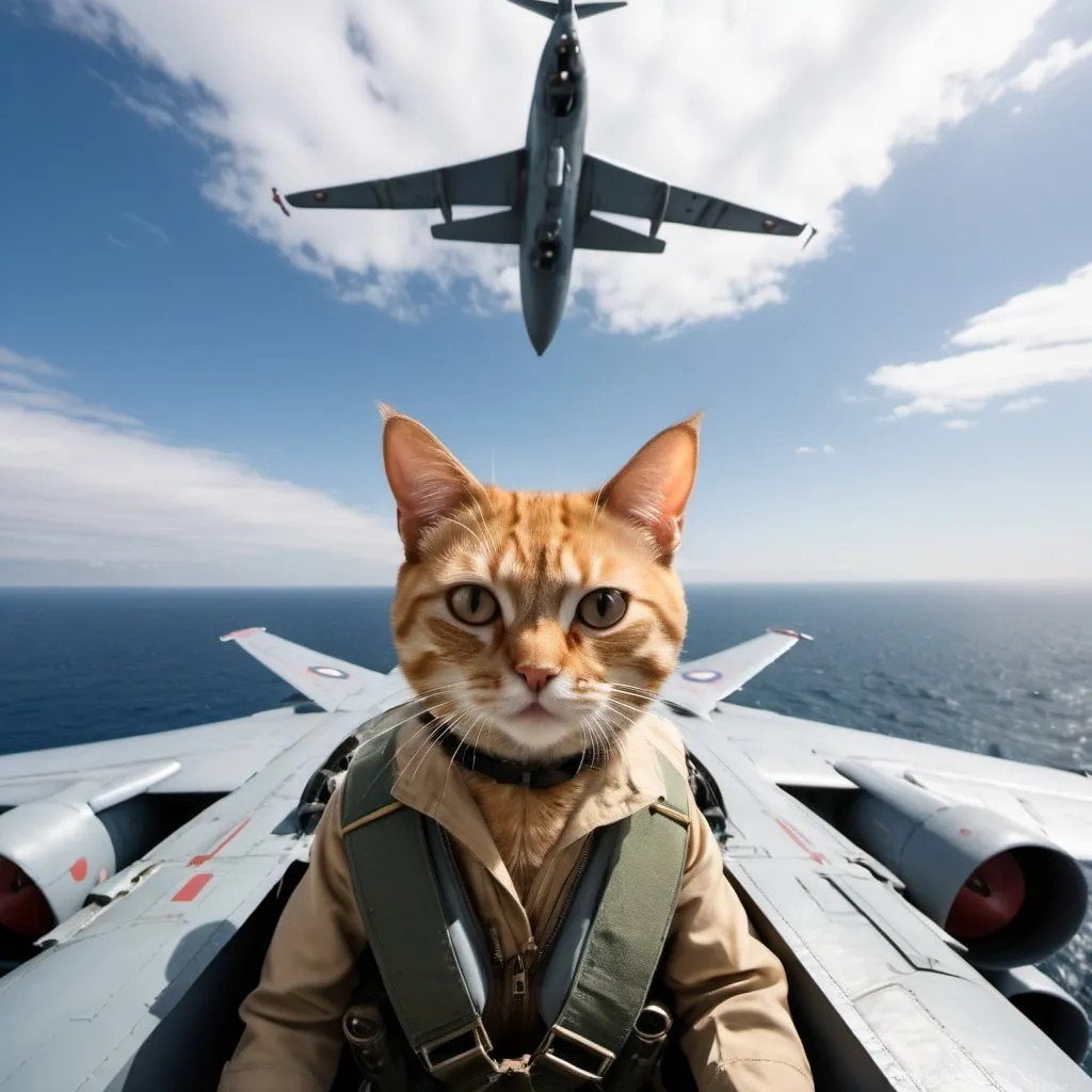 Prompt: Kamikaze Cat pilot, flying in a Yokosuka MXY-7 Ohka, wide angle perspective, surreal aircraft carrier background, infinity vanishing point