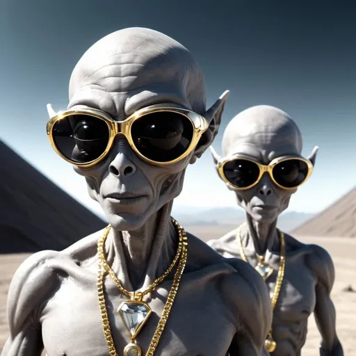 Prompt: grey aliens wearing gold necklaces and diamond sunglasses, an evil techno-planet in the background, 25 degree offset, wide angle perspective, infinity vanishing point