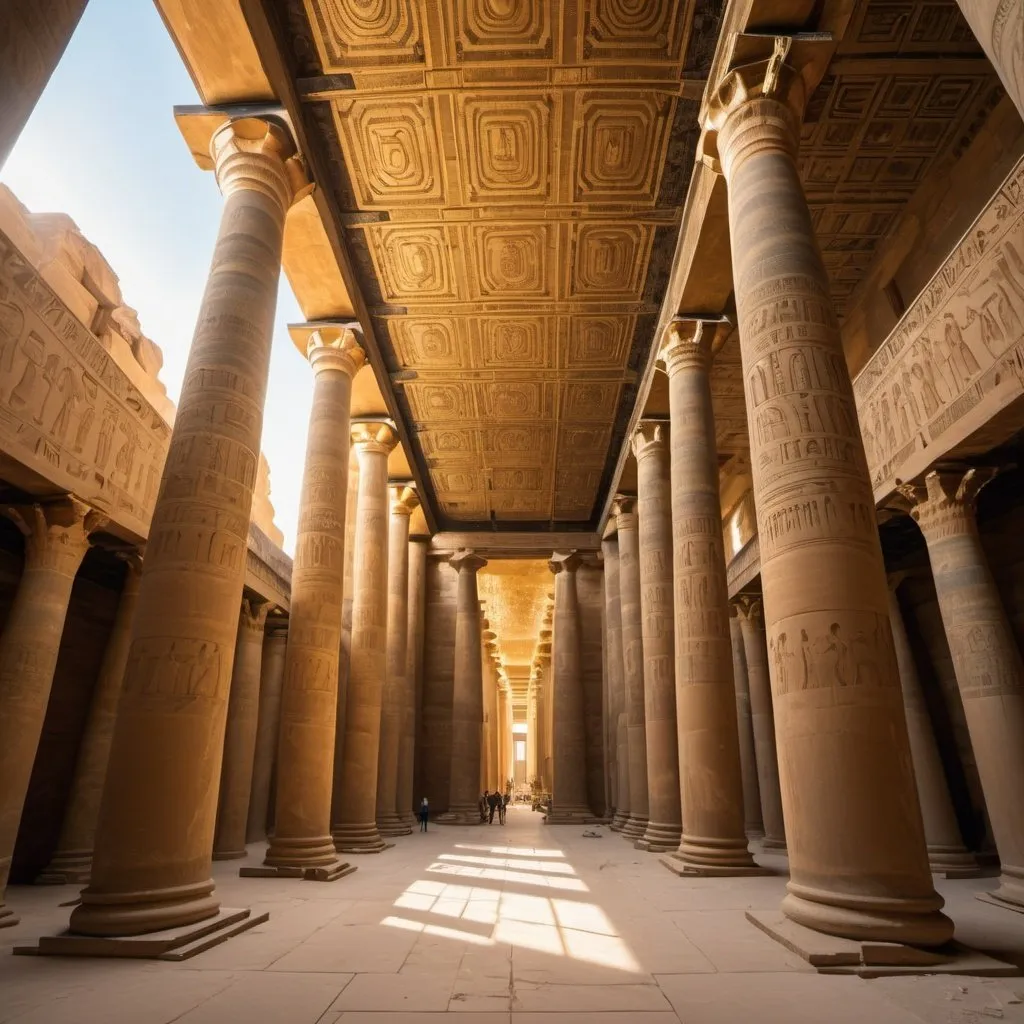 Prompt: Restoration of the repainted Great Hypostyle Hall, overhead golden hour lighting, extra wide angle field of view, infinity vanishing point