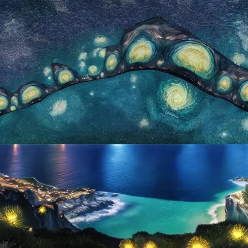 Prompt: panorama view of crystal ocean from cliffside infinity pool, van gogh starry night background
