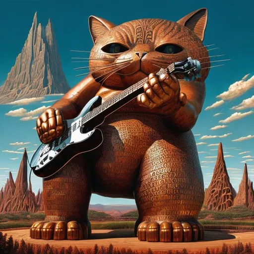 Prompt: giant copper statue of giant cat playing a guitar, widescreen view, infinity vanishing point, in the style of Jacek Yerka