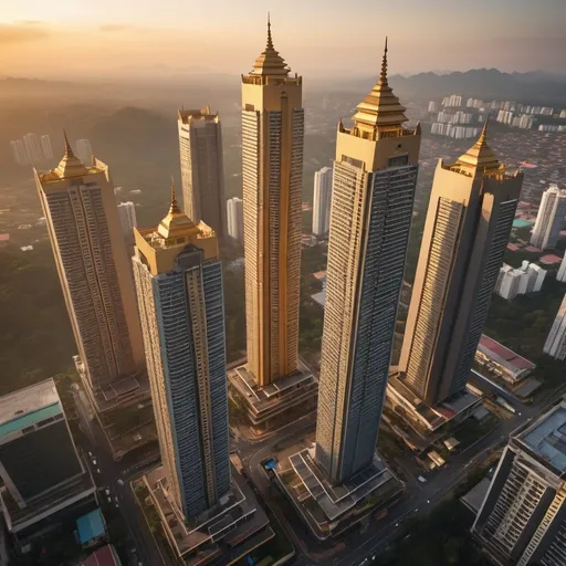 Prompt: city of pelinggih meru style mega skyscrapers, overhead golden hour lighting, extra wide angle view, infinity vanishing point