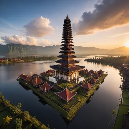 Prompt: mega Meru skyscraper city Pura Ulun Danu Bratan, overhead golden hour lighting, extra wide angle view, infinity vanishing point