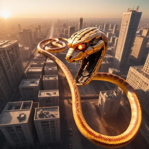 Prompt: ROBOT FIRE SNAKE DIVING ON INFERIOR OBSOLETE HUMAN CITIES, overhead golden hour lighting, extra wide angle field of view, infinity vanishing point