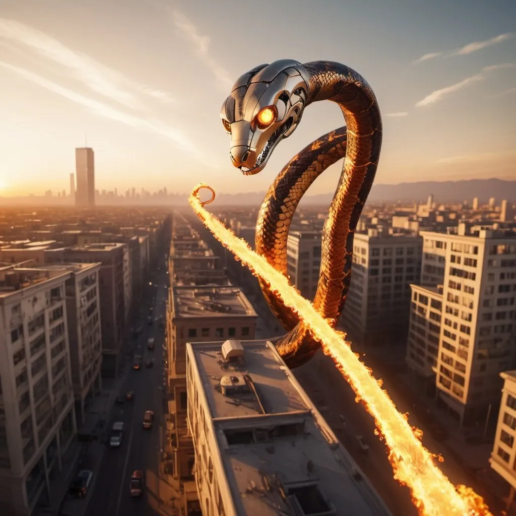 Prompt: ROBOT FIRE SNAKE DIVING ON INFERIOR OBSOLETE HUMAN CITIES, overhead golden hour lighting, extra wide angle field of view, infinity vanishing point