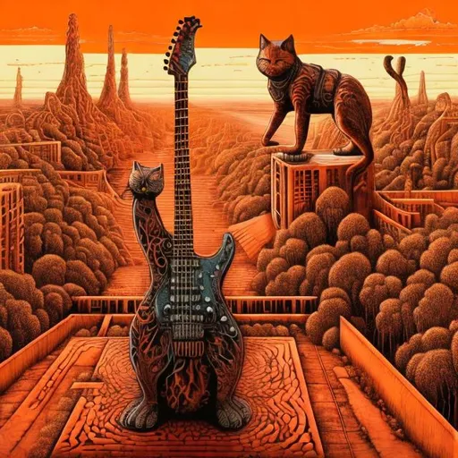 Prompt: giant acid etched copper statue of a giant cat playing guitar, in the style of Jacek Yerka, wide perspective view, infinity vanishing point