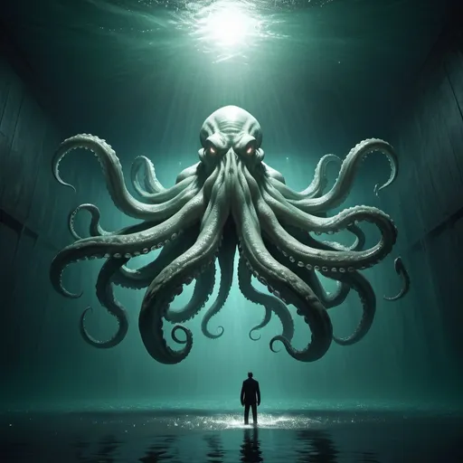 Prompt: giant water cthulu, overhead lighting, wide angle view, surreal background proportions, infinity vanishing point