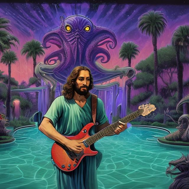 Prompt: wide image of jesus band playing guitars at an exotic poolside patio barbeque grill, infinity vanishing point, cthulhu nebula background