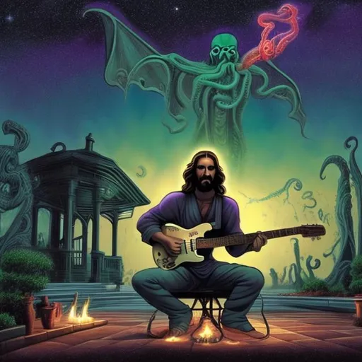 Prompt: wide view, jesus playing guitar in front of a patio gazebo barbeque grill, infinity vanishing point, Cthulhu nebula background