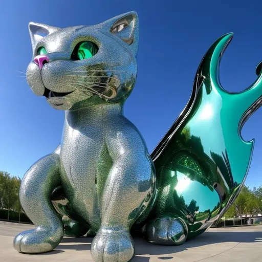 Prompt: ((((giant cat playing guitar) green chrome statue inlaid with diamonds) in the style of Jeff Koons) wide perspective view) infinity vanishing point