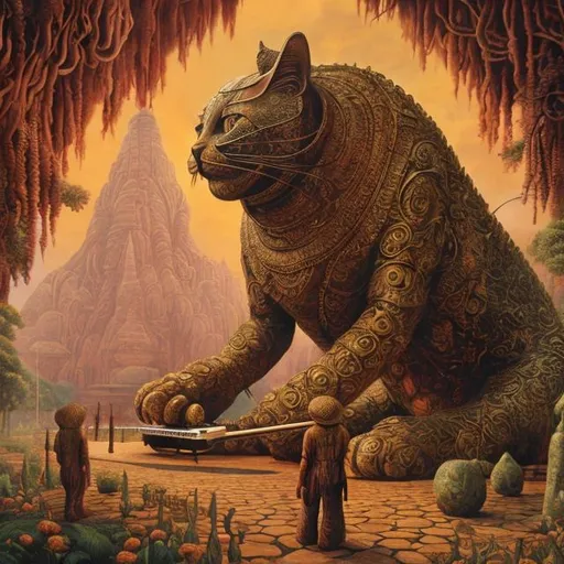 Prompt: giant bronze cat playing a sitar, widescreen view, infinity vanishing point, in the style of Jacek Yerka