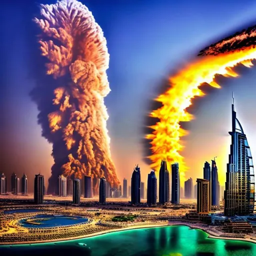 Prompt: dubai skyline, nuclear blast cloud background