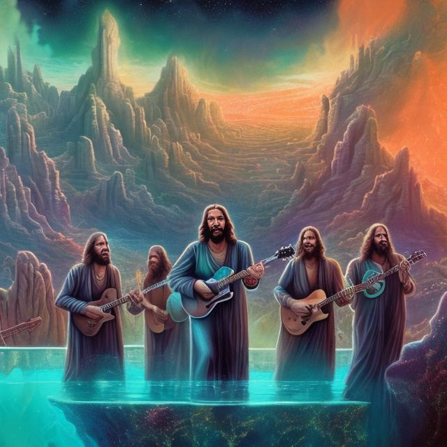 Prompt: wide view of jesus and the twelve apostles playing guitars, at an exotic rooftop infinity pool, infinity vanishing point, cthulhu nebula background